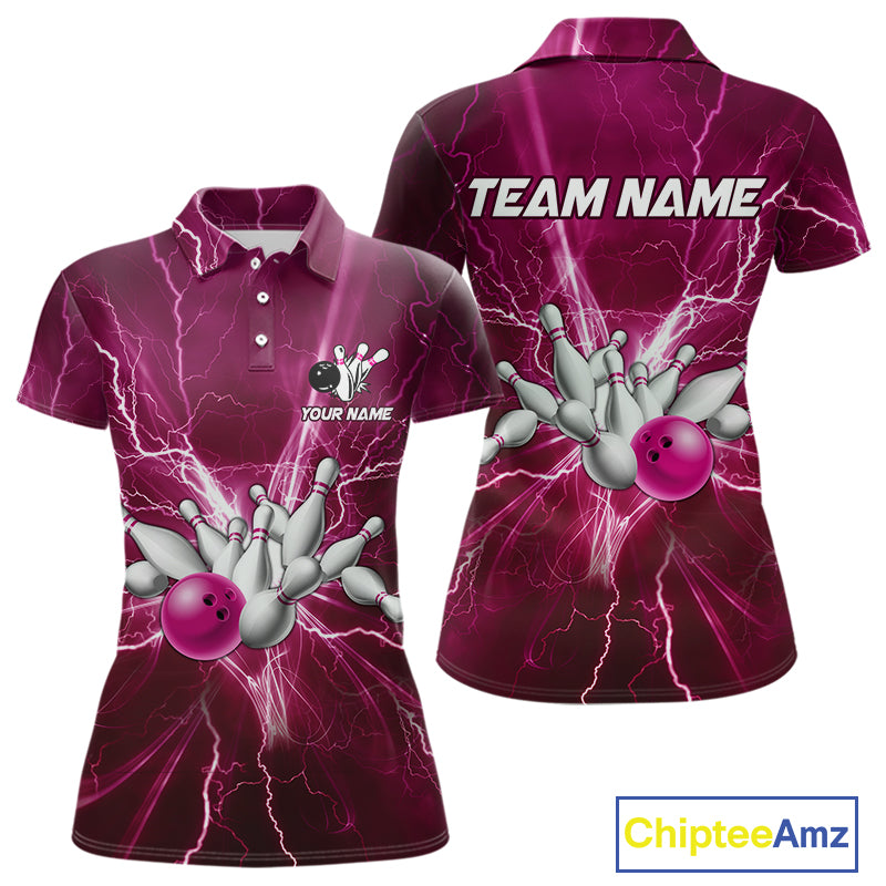 Women's Bowling Shirts Custom Pink Lightning Thunder Bowling Team Jersey, gift for team Bowlers NQS10603