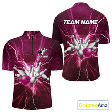 Load image into Gallery viewer, Men&#39;s Bowling Shirts Custom Pink Lightning Thunder Bowling Team Jersey, gift for team Bowlers NQS10603