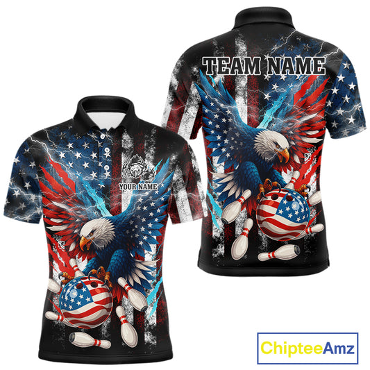Personalized American Flag Eagle Lightning Thunder Bowling Team Shirt For Men, Patriotic Bowling Gift NQS10834
