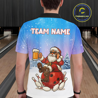 Funny Santa drinking Beer Bowling Shirts For Men Custom Christmas Bowling Team Jersey Gift For Bowler NQS11009