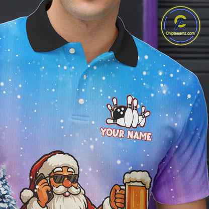 Funny Santa drinking Beer Bowling Shirts For Men Custom Christmas Bowling Team Jersey Gift For Bowler NQS11009