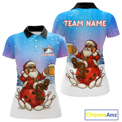 Funny Santa drinking Beer Bowling Shirt For Women Custom Christmas Bowling Team Shirt Gift For Bowler NQS11009