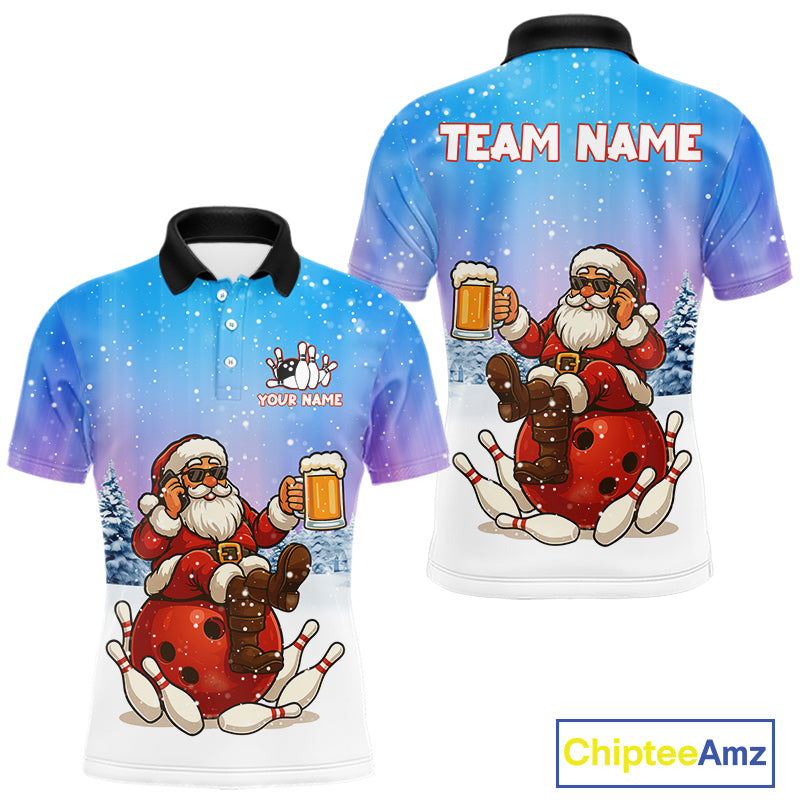 Funny Santa drinking Beer Bowling Shirts For Men Custom Christmas Bowling Team Jersey Gift For Bowler NQS11009