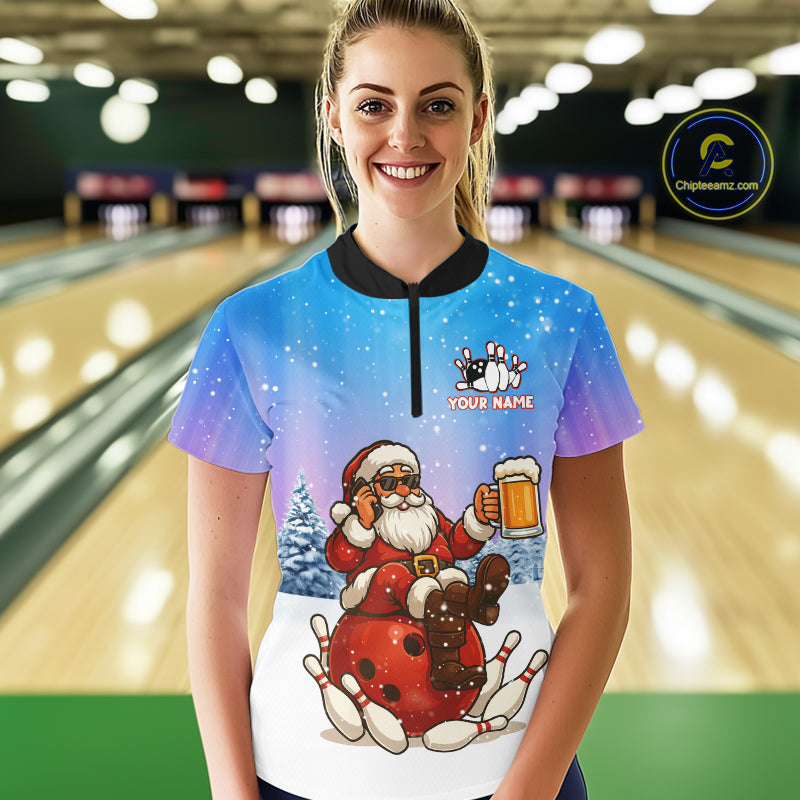 Funny Santa drinking Beer Bowling Shirt For Women Custom Christmas Bowling Team Shirt Gift For Bowler NQS11009
