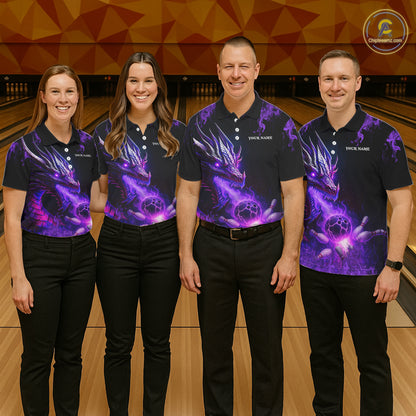 Black and Purple Flame Dragon Bowling Polo, 1/4 Zip Shirts Women Custom Dragon Bowling Team Jerseys NQS11211
