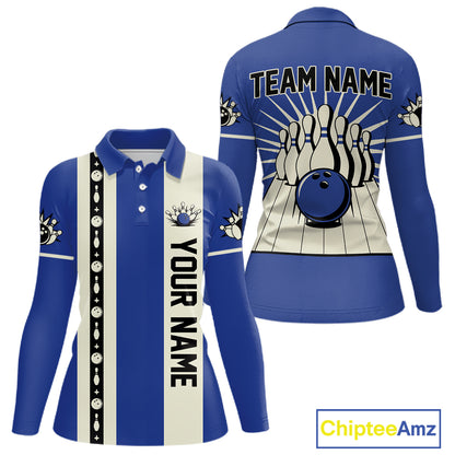 Blue Retro Bowling Polo, Quarter Zip Shirts For Women Custom Vintage Bowling Team Jerseys NQS11212