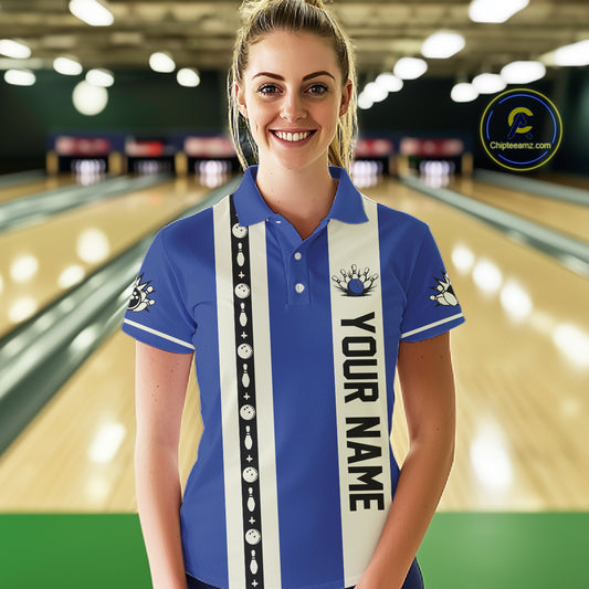 Blue Retro Bowling Polo, Quarter Zip Shirts For Women Custom Vintage Bowling Team Jerseys NQS11212