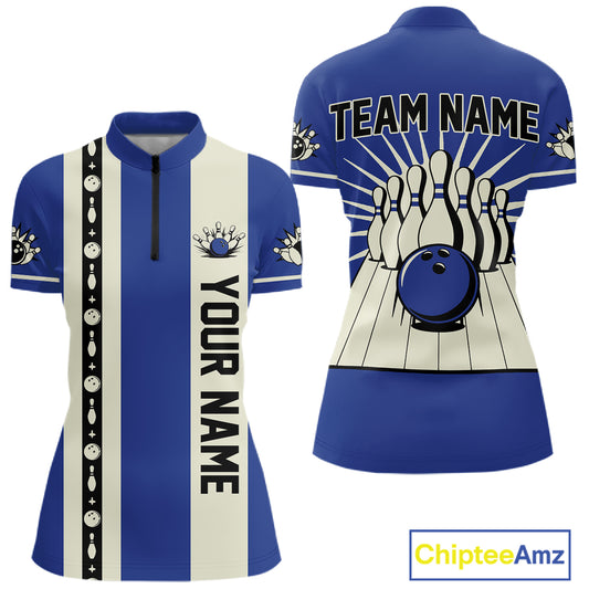 Blue Retro Bowling Polo, Quarter Zip Shirts For Women Custom Vintage Bowling Team Jerseys NQS11212