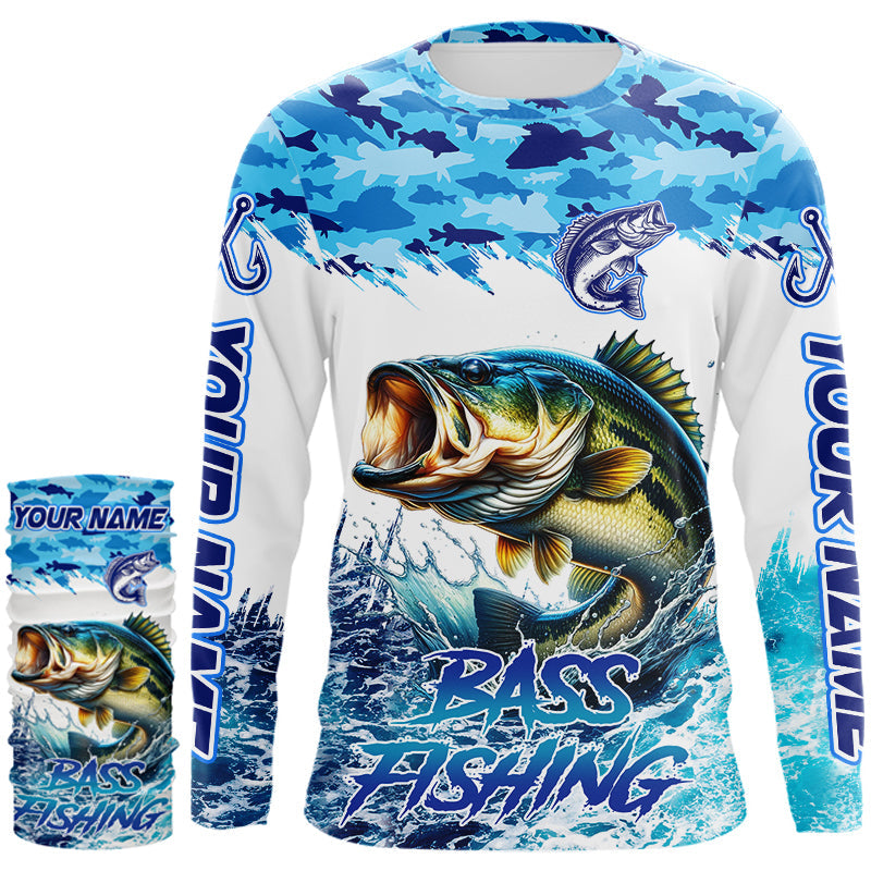 Bass fishing Blue ocean camo Custom UV protection fishing long sleeve shirt, Bass Fishing jerseys NQS9341