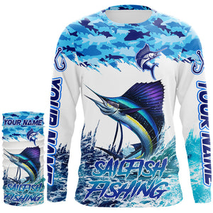 Sailfish fishing Blue sea camo Custom UV protection fishing long sleeve shirt, Sailfish Fishing jersey NQS9342