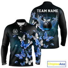 Load image into Gallery viewer, Custom Blue Butterfly Bowling Polo Shirt, 1/4 zip jersey For Men, Bowling Team Shirt With Butterflies NQS11612