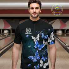 Load image into Gallery viewer, Custom Blue Butterfly Bowling Polo Shirt, 1/4 zip jersey For Men, Bowling Team Shirt With Butterflies NQS11612