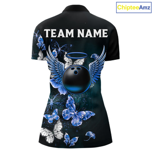 Custom Blue Butterfly Bowling 1/4 zip, Polo Shirt For Women, Bowling Team Shirt With Butterflies NQS11612