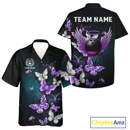 Custom Purple Butterfly Bowling Button-up Shirts, Hawaiian Bowling Team Shirt With Butterflies NQS11613