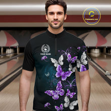 Load image into Gallery viewer, Custom Purple Butterfly Bowling Polo, 1/4 zip jerseys For Men, Bowling Team Shirt With Butterflies NQS11613