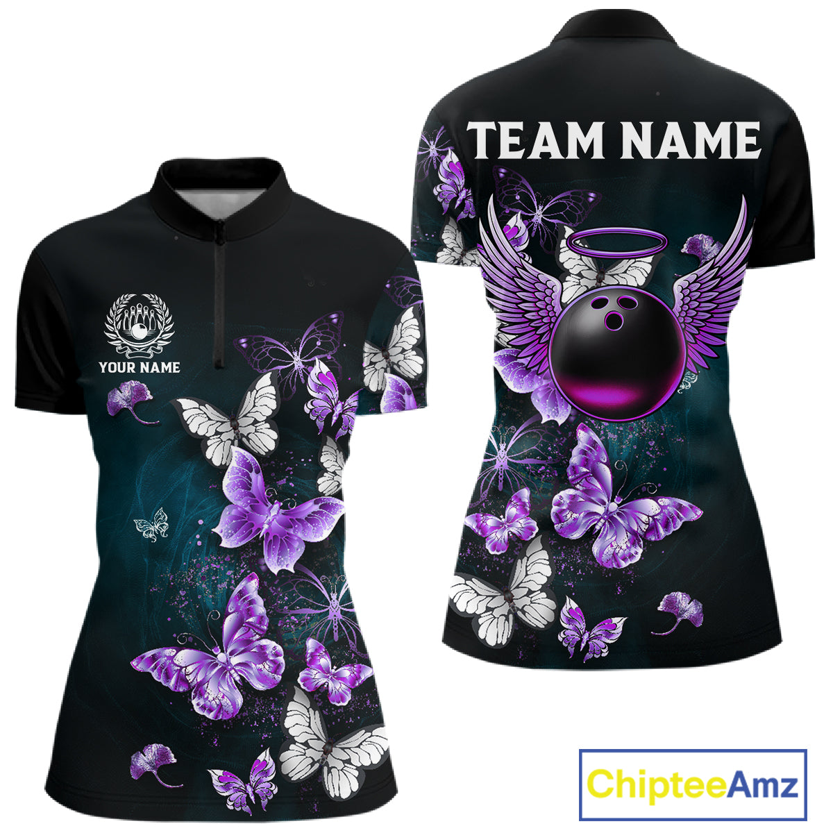 Custom Purple Butterfly Bowling Polo, 1/4 zip jerseys For Women, Bowling Team Shirt With Butterflies NQS11613