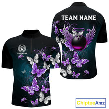 Load image into Gallery viewer, Custom Purple Butterfly Bowling Polo, 1/4 zip jerseys For Men, Bowling Team Shirt With Butterflies NQS11613