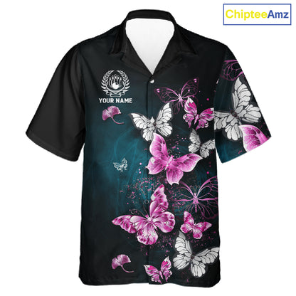 Custom Pink Butterfly Bowling Button-up Shirts, Hawaiian Bowling Team Shirt With Butterflies NQS11614