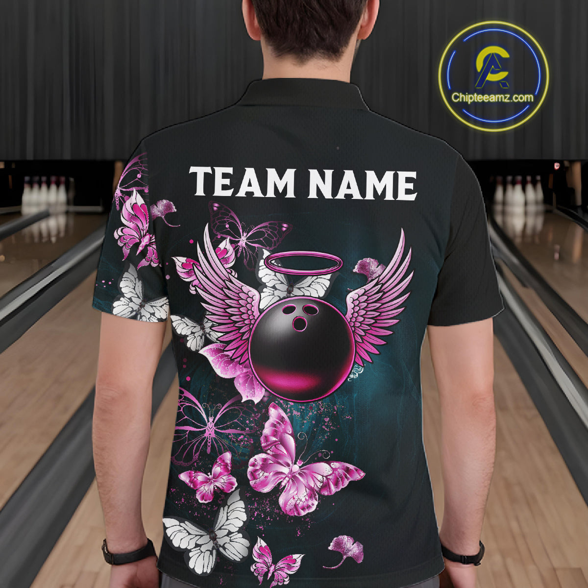 Custom Pink Butterfly Bowling Polo, 1/4 zip jerseys For Men, Bowling Team Shirt With Butterflies NQS11614