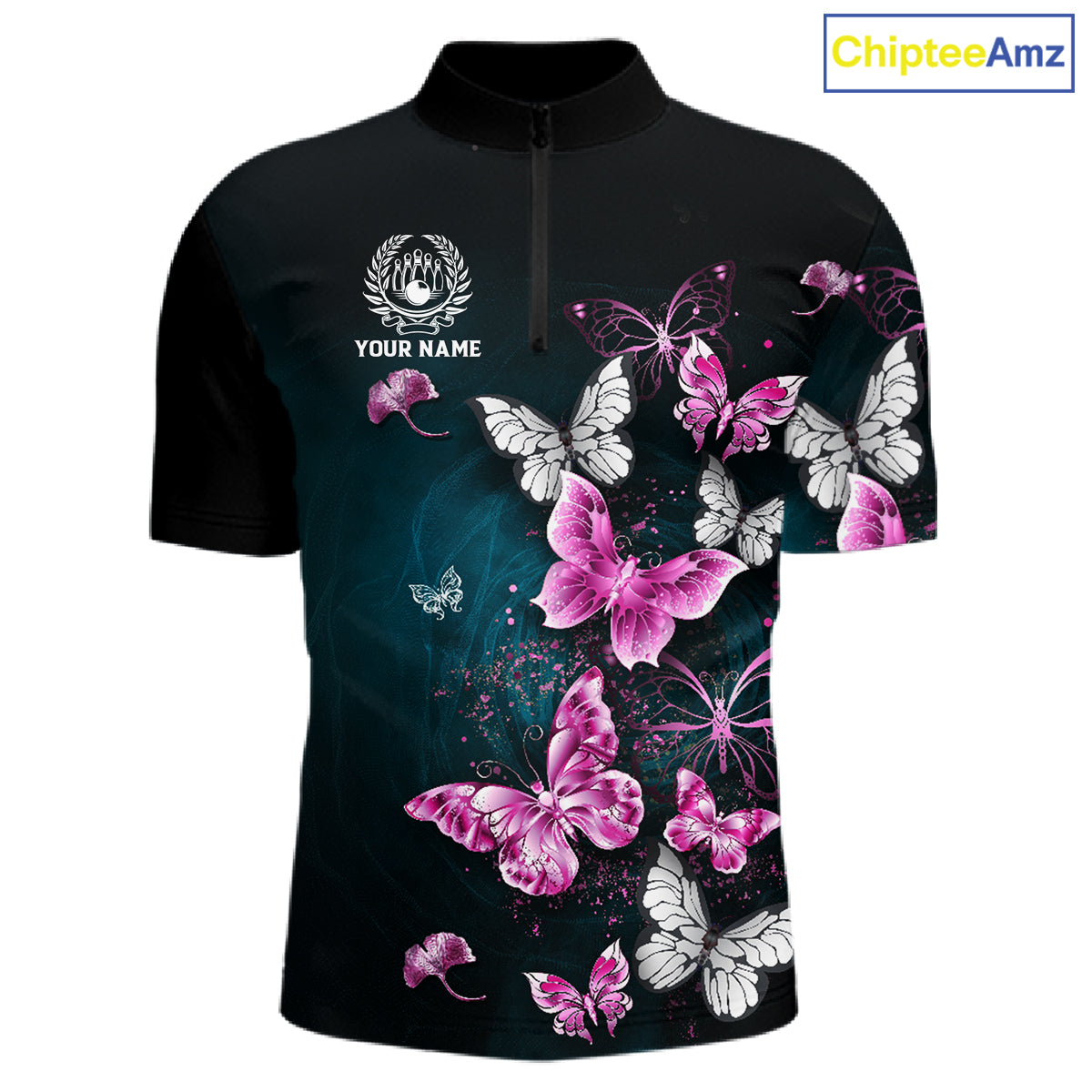 Custom Pink Butterfly Bowling Polo, 1/4 zip jerseys For Men, Bowling Team Shirt With Butterflies NQS11614