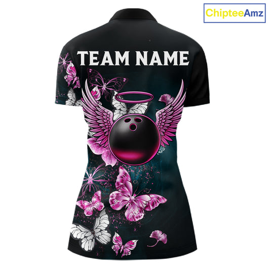 Custom Pink Butterfly Bowling Polo, 1/4 zip jerseys For Women, Bowling Team Shirt With Butterflies NQS11614