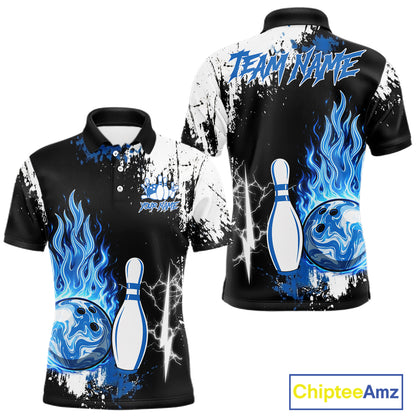 Custom Blue Flame Lightning Thunder Bowling shirts for Men, black and white bowling team jerseys NQS11617