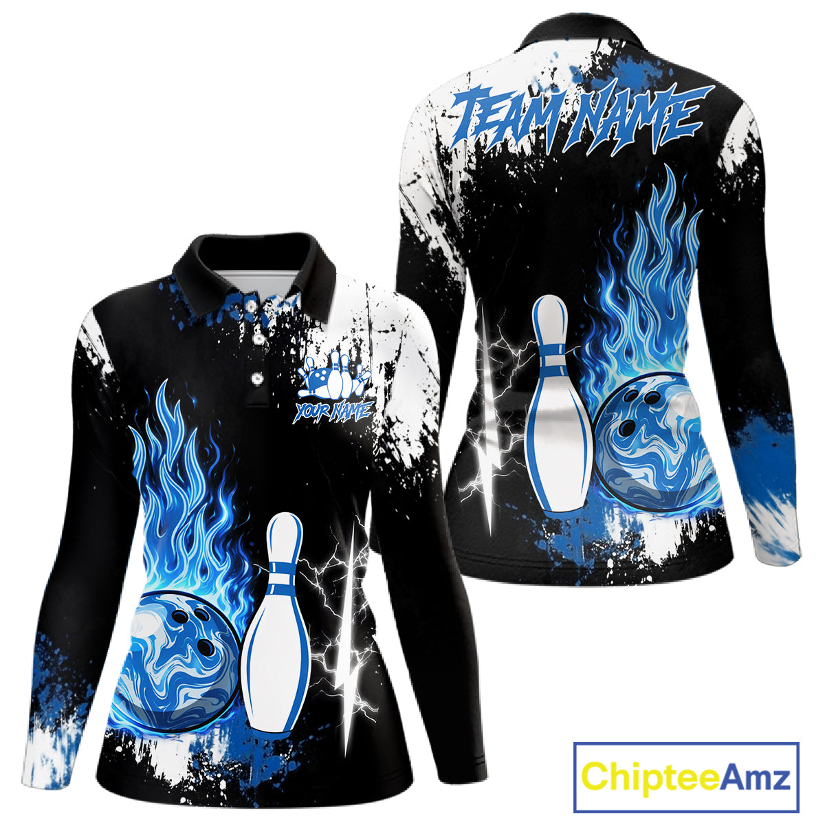 Custom Blue Flame Lightning Thunder Bowling shirts for Women, black and white bowling team jerseys NQS11617