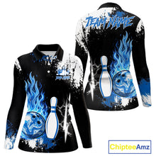 Load image into Gallery viewer, Custom Blue Flame Lightning Thunder Bowling shirts for Women, black and white bowling team jerseys NQS11617