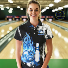 Load image into Gallery viewer, Custom Blue Flame Lightning Thunder Bowling shirts for Women, black and white bowling team jerseys NQS11617