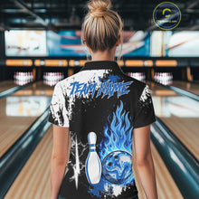 Load image into Gallery viewer, Custom Blue Flame Lightning Thunder Bowling shirts for Women, black and white bowling team jerseys NQS11617