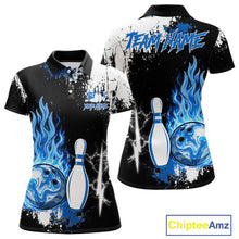Load image into Gallery viewer, Custom Blue Flame Lightning Thunder Bowling shirts for Women, black and white bowling team jerseys NQS11617