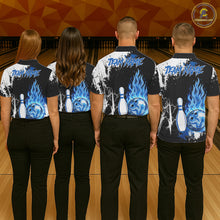 Load image into Gallery viewer, Custom Blue Flame Lightning Thunder Bowling shirts for Women, black and white bowling team jerseys NQS11617
