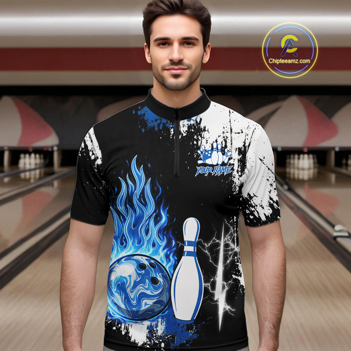 Custom Blue Flame Lightning Thunder Bowling shirts for Men, black and white bowling team jerseys NQS11617