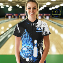 Load image into Gallery viewer, Custom Blue Flame Lightning Thunder Bowling shirts for Women, black and white bowling team jerseys NQS11617