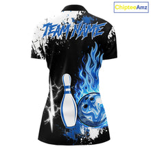 Load image into Gallery viewer, Custom Blue Flame Lightning Thunder Bowling shirts for Women, black and white bowling team jerseys NQS11617