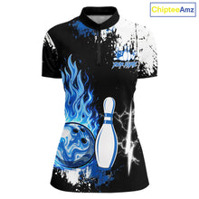 Load image into Gallery viewer, Custom Blue Flame Lightning Thunder Bowling shirts for Women, black and white bowling team jerseys NQS11617