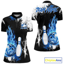 Load image into Gallery viewer, Custom Blue Flame Lightning Thunder Bowling shirts for Women, black and white bowling team jerseys NQS11617
