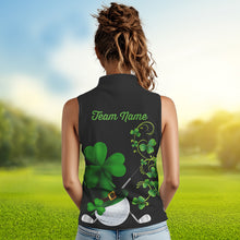 Load image into Gallery viewer, Green shamrock Lucky Women sleeveless polo golf shirts Custom St Patrick Day black team golf jerseys NQS9644