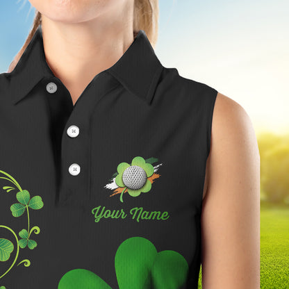 Green shamrock Lucky Women sleeveless polo golf shirts Custom St Patrick Day black team golf jerseys NQS9644
