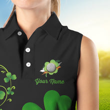 Load image into Gallery viewer, Green shamrock Lucky Women sleeveless polo golf shirts Custom St Patrick Day black team golf jerseys NQS9644