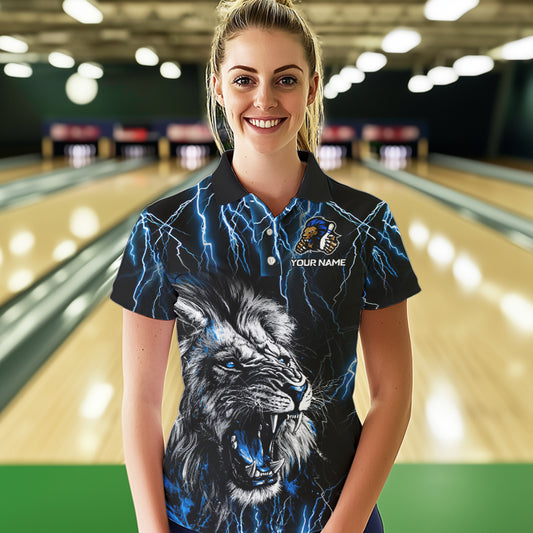 Black and Blue Lightning Thunder Lion Bowling Shirt For Women Custom Lion Bowling Team Jerseys NQS9645