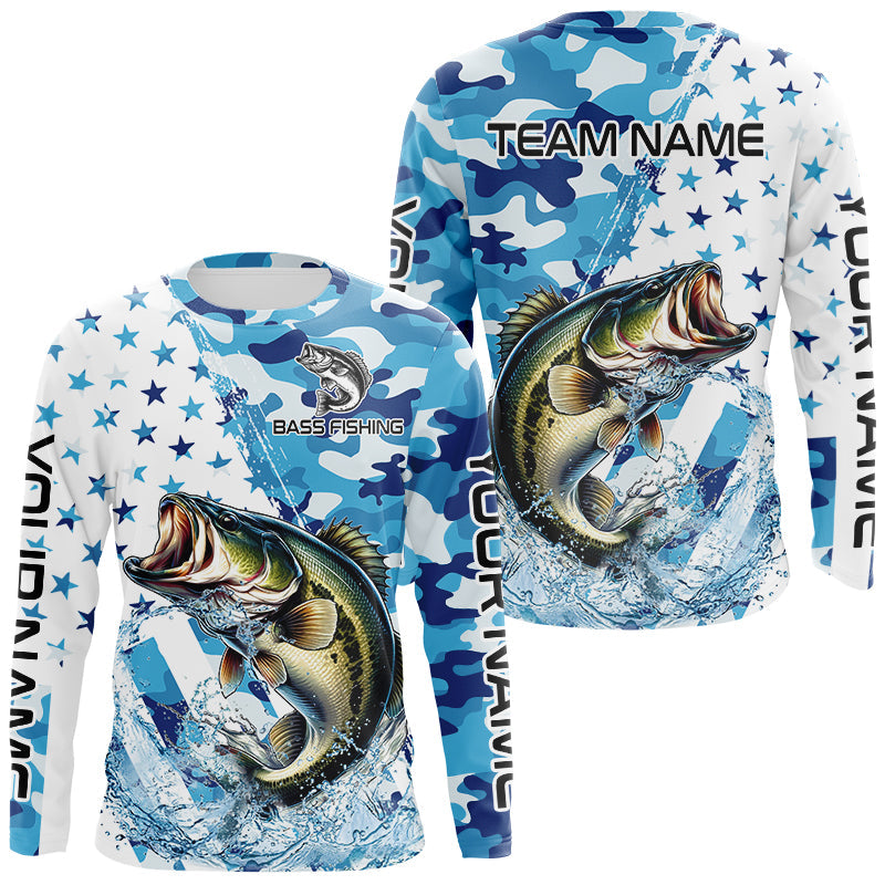 Blue Camo American Flag Bass Fishing Custom Long Sleeve Fishing Shirts Personalized Bass Fishing Gifts NQS9647