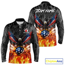Load image into Gallery viewer, Black and Orange Flame American Flag Eagle Bowling Shirt For Men Custom Patriotic Bowling Team Jersey NQS11722