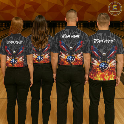 Black & Orange Flame American Flag Eagle Bowling Shirt For Women Custom Patriotic Bowling Team Jersey NQS11722