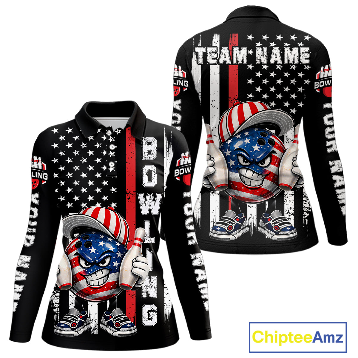 Black American Flag Funny Bowling Polo, 1/4 Zip Shirt For Women Custom Patriotic Bowling Team Jersey NQS11723
