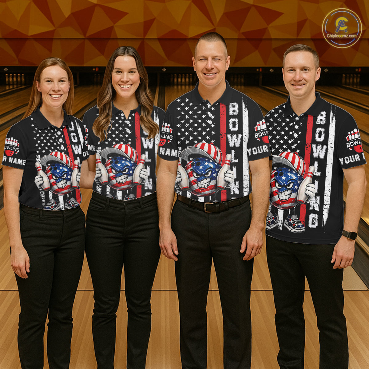 Black American Flag Funny Bowling Polo, 1/4 Zip Shirt For Men Custom Patriotic Bowling Team Jersey NQS11723