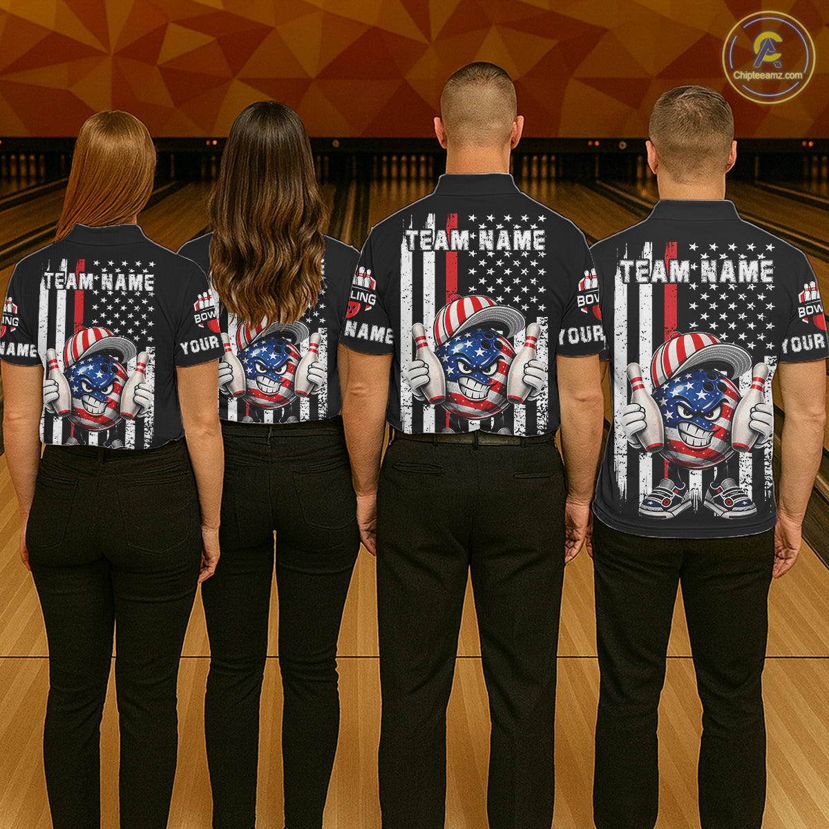 Black American Flag Funny Bowling Polo, 1/4 Zip Shirt For Men Custom Patriotic Bowling Team Jersey NQS11723
