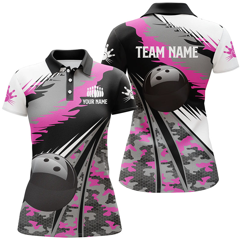 Womens bowling polo shirts Custom black ball pink camo Bowling Team Jersey, gift for girl Bowlers NQS5424