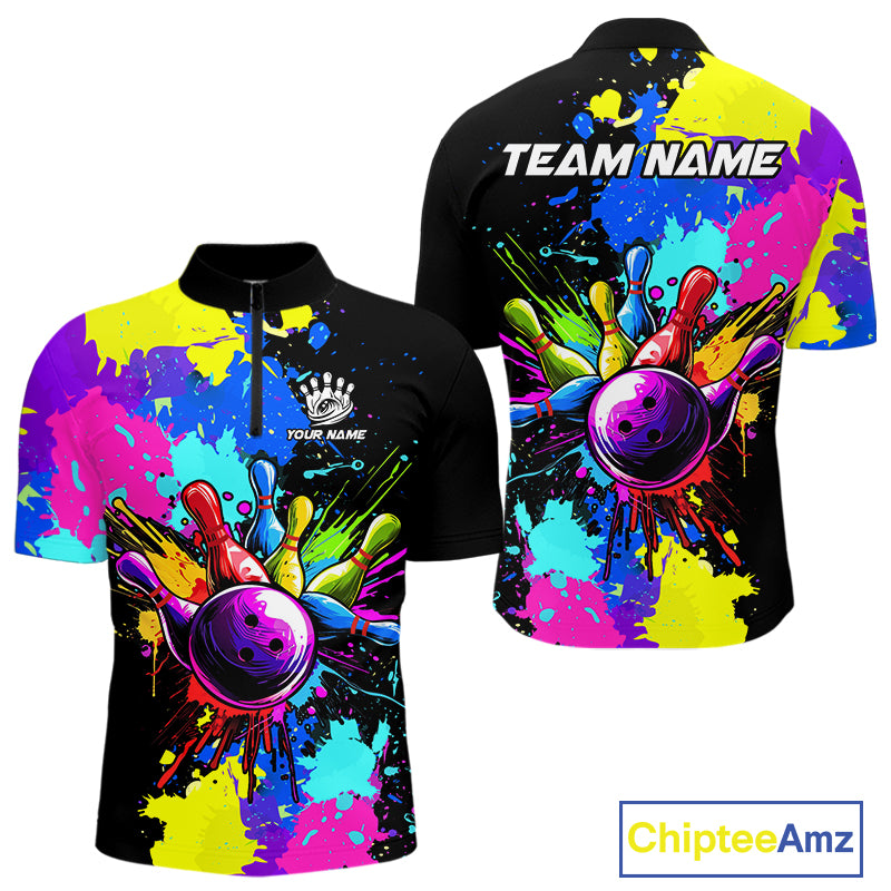 Colorful bowling jerseys Bowling Polo, 1/4 Zip Shirt for Men Custom Bowling Team shirts for bowlers NQS10240