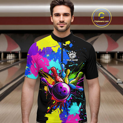 Colorful bowling jerseys Bowling Polo, 1/4 Zip Shirt for Men Custom Bowling Team shirts for bowlers NQS10240